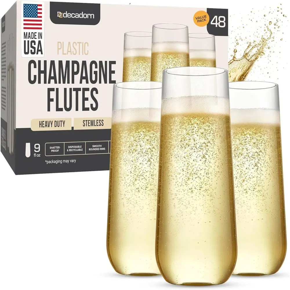 

9oz Plastic Champagne Glasses - 48 Pack, Durable, Shatterproof, Recyclable, BPA-free, Smooth Rims for Parties