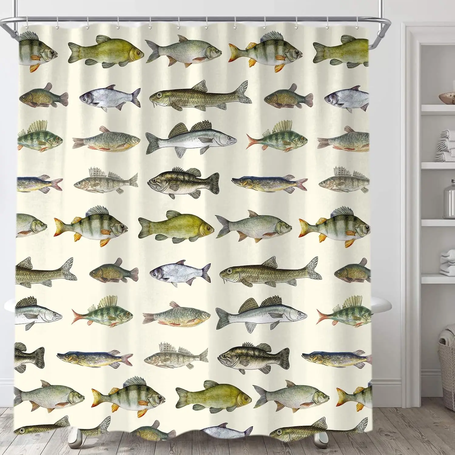 

Rustic Cabin Fishing Shower Curtain,Country Lake House River Fish Hunting Fabric Shower Curtains Set for Men Bathroom Decorative