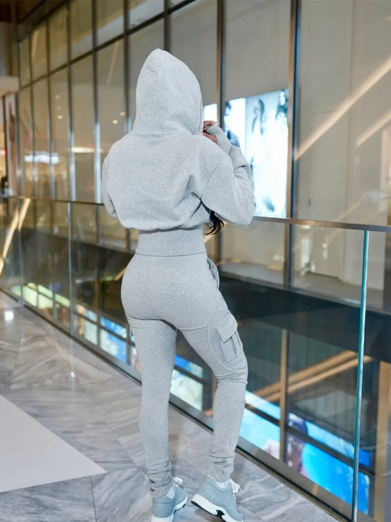 Women Solid Casual Tracksuits 2 Piece Set Long Sleeve Zip-up Hooded Sweatshirts Slim Tops + Multi Pockets Cargo Pants Suits