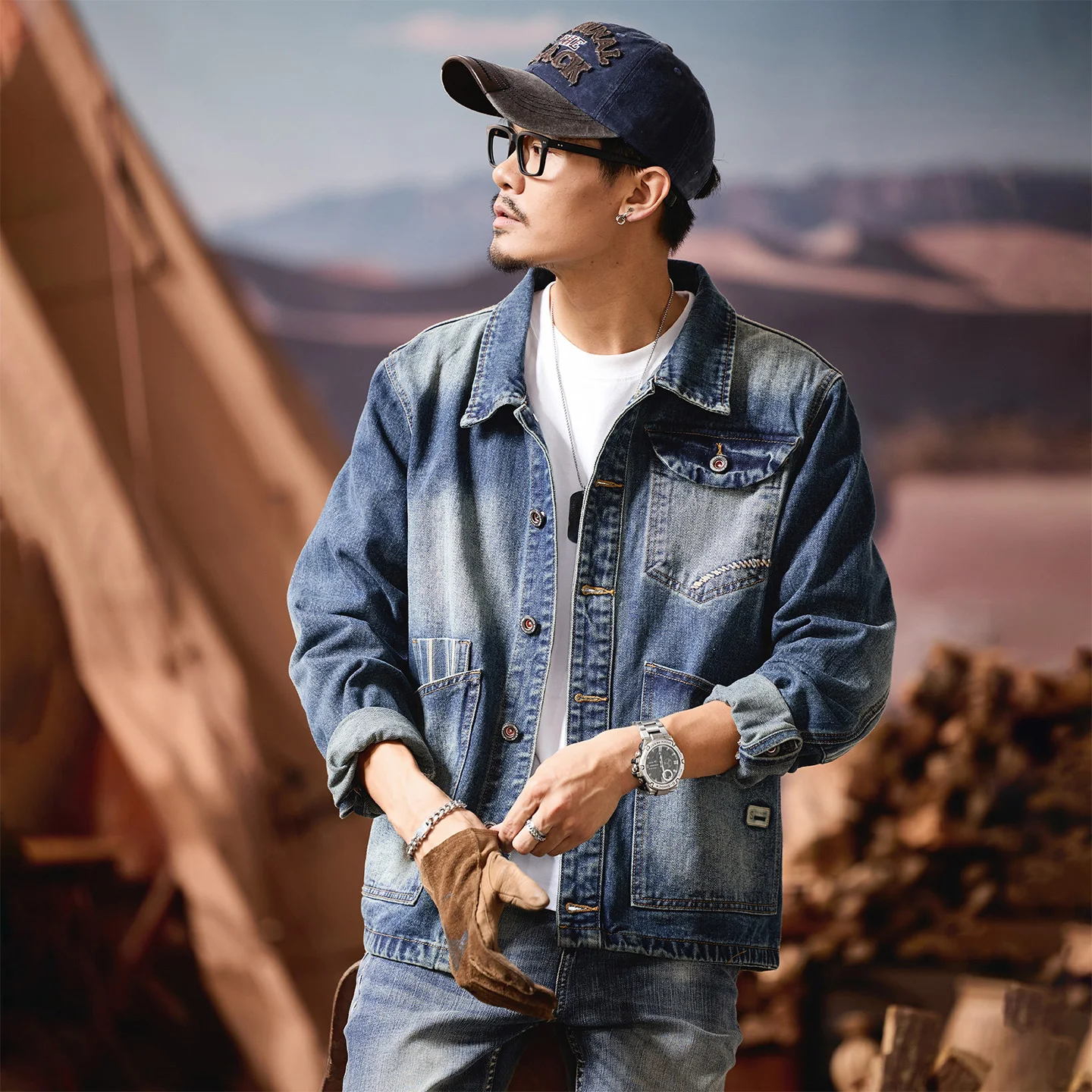 

Мужская джинсовая куртка с высоким воротником, осенне-зимняя, высококачественная, модная, универсальная, повседневная, приталенного кроя, в японском ретро-стиле