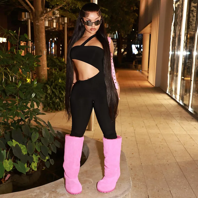 

STYLISH LADY Black One Shoulder Cutout Waist Cropped Jumpsuit 2026 Summer Women Sleeveless Bodycon Sexy Club Party Playsuit