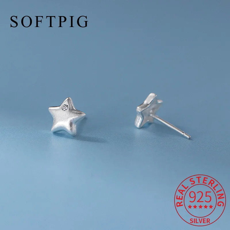 

SOFTPIG Real 925 Sterling Silver Brushed Zircon Pentagram Stud Earrings for Women Classic Fine Jewelry Minimalist Accessories