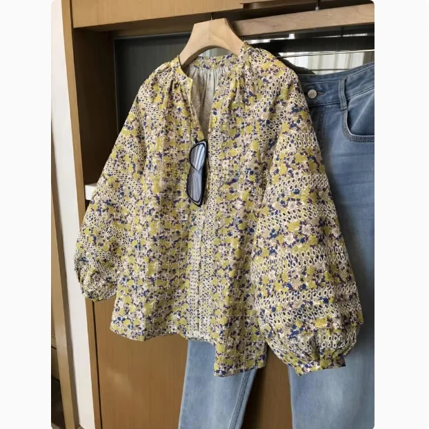 

Heavy Embroidery Long Sve Women's irt Faionable Floral Hollow out Commute Sle Loose Fit round Ne Lantern Sve