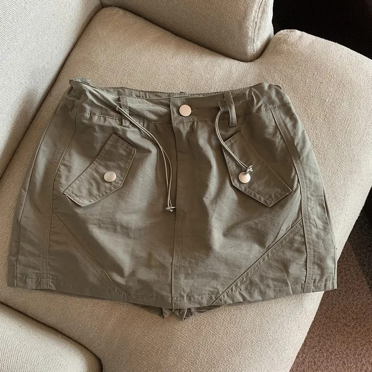 Summer and Autumn Gray Drawstring Workwear High Waist Slim Fit A-Line Low Waist Short Skirt Half Body Skirt for Women