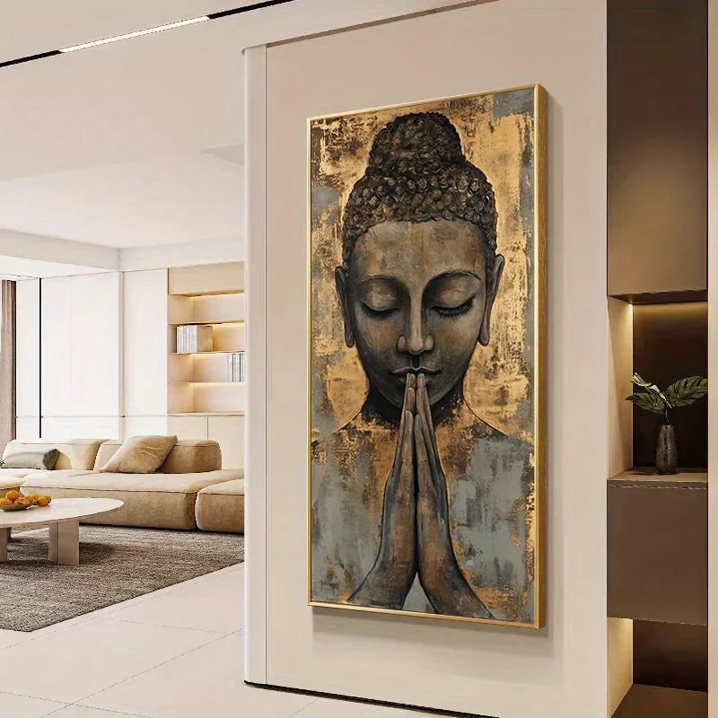 (1PC Unframe)2D/Flat Modern Abstract Meditating Buddha Canvas Wall Art - Frameless Serene Spiritual Print for Living Room, Budd