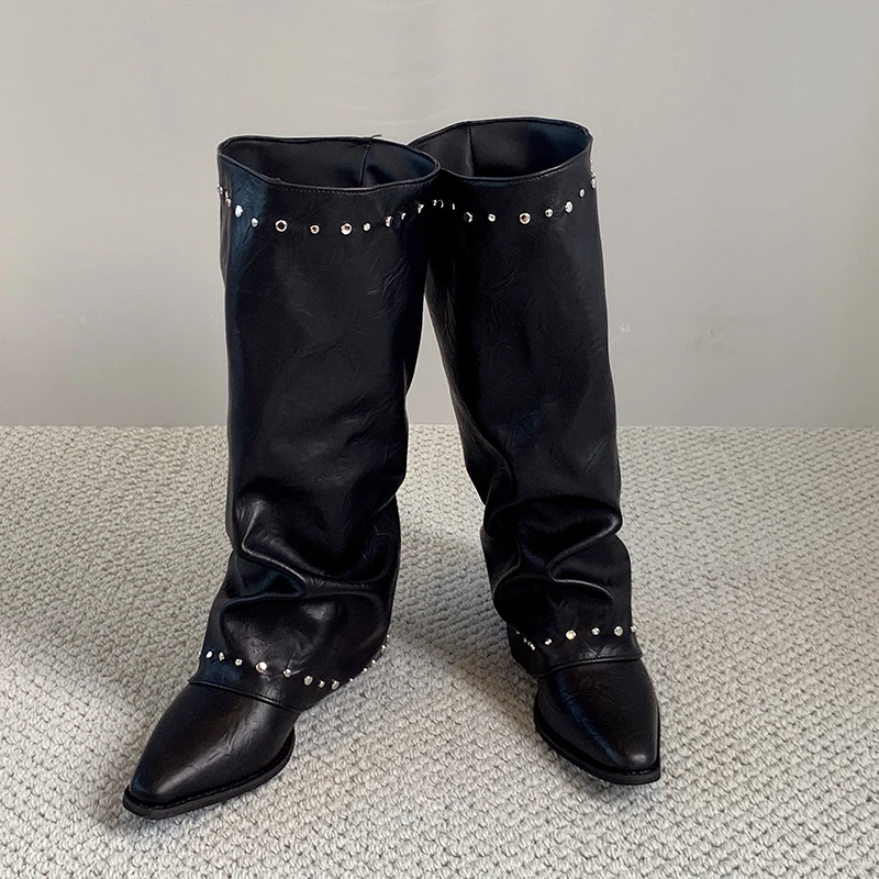 Pointed Toe Rivet Wide Calf Long Boots Women Ruched Slip On Block Heel Vintage Western Knee High Boots Ladies Fashion Footwear