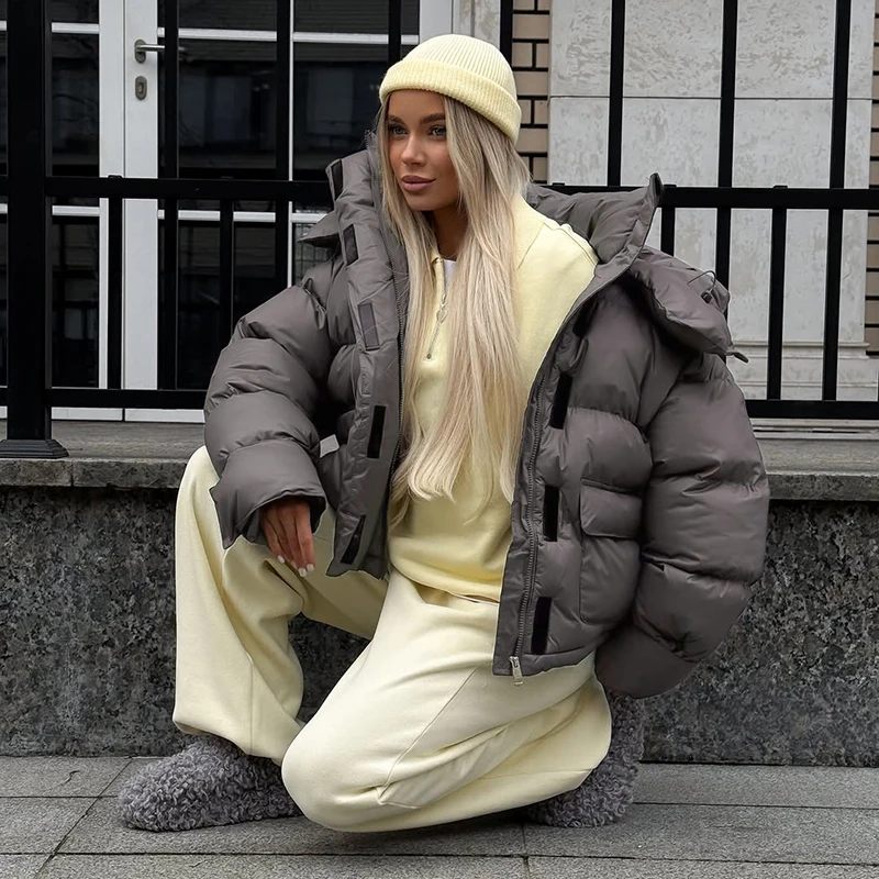 Kapuzenjacke mit Großen Taschen, Übergroße Gefütterte Jacken für Damen, Street-Style, Stehkragen, Lange Ärmel, Reißverschluss, Einfarbig, Lose Pufferjacken, Neue Oberbekleidung – Detail 7