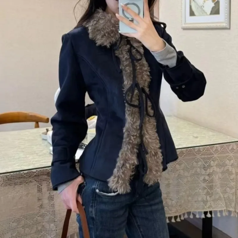 Temperament Short Cardigan Autumn Winter Lapel Long Sleeve Slim-fit Jackets Y2k Grunge 2000s Style Lace Up Coats Female Clothing