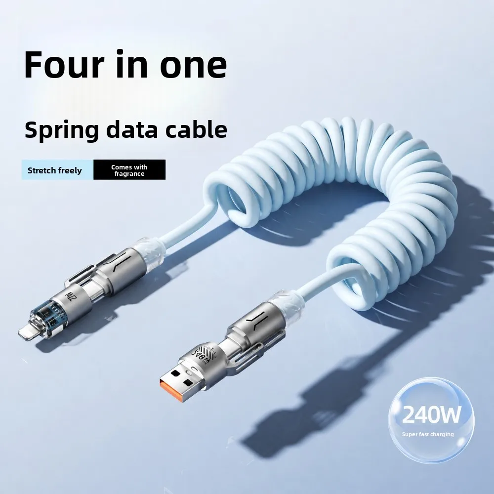 240W 4-in-1 Super Fast Charging Cable Retractable Spring Cord Smart Digital Display Car Charger Extended Data Cable