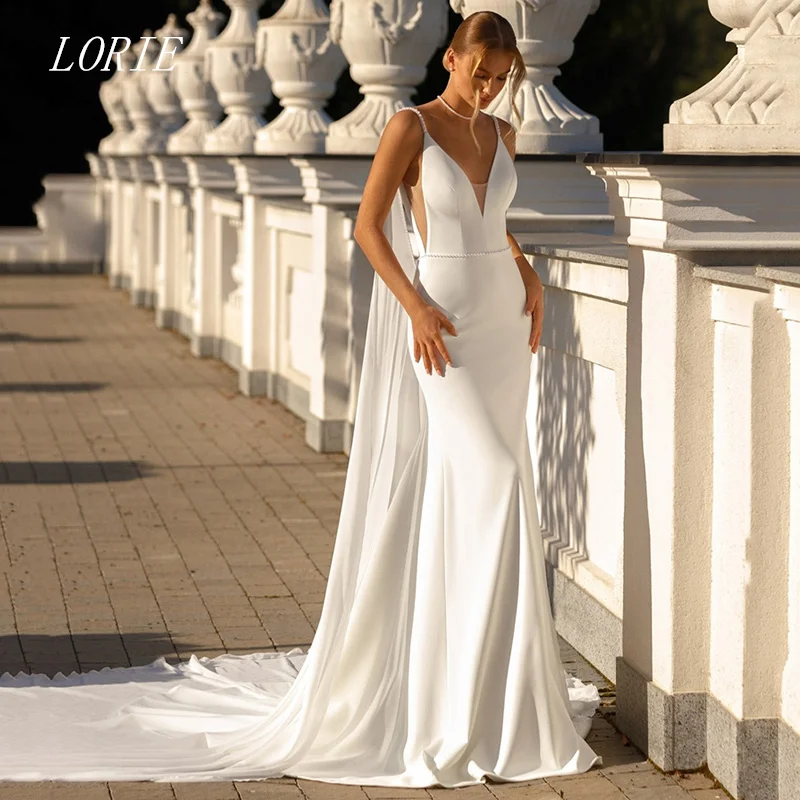 LORIE Satin Mermaid Wedding Dress Spaghetti Strap Backless Bridal Dresses V Neck Wedding Gown Customized 2026