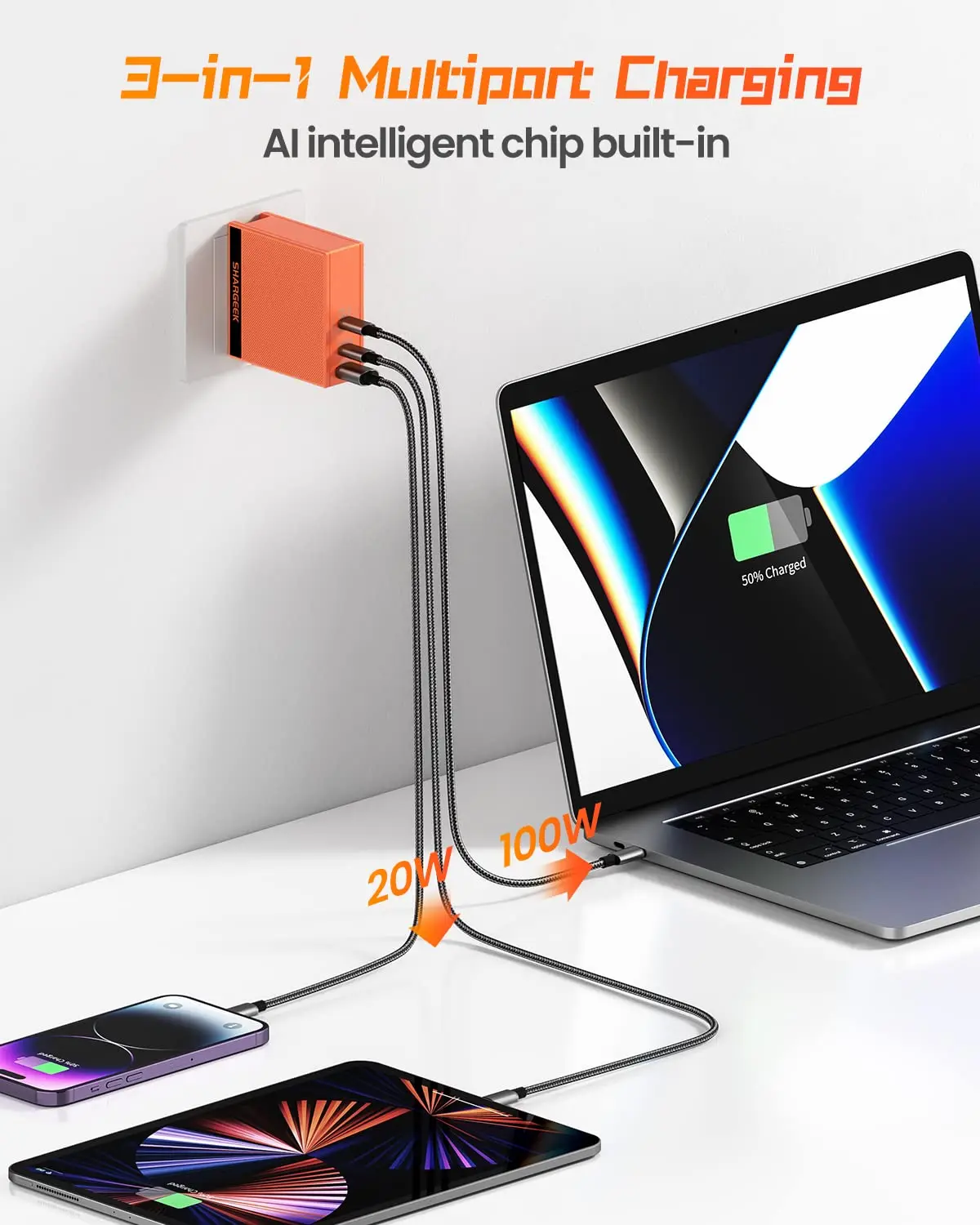 SHARGE 140W GaN Charger PD 3.1 QC3.0 PPS Quick Charging  2*USB C 1*USB A Outputs for iPhone 15 MacBook Pro MacBook Air Tablets