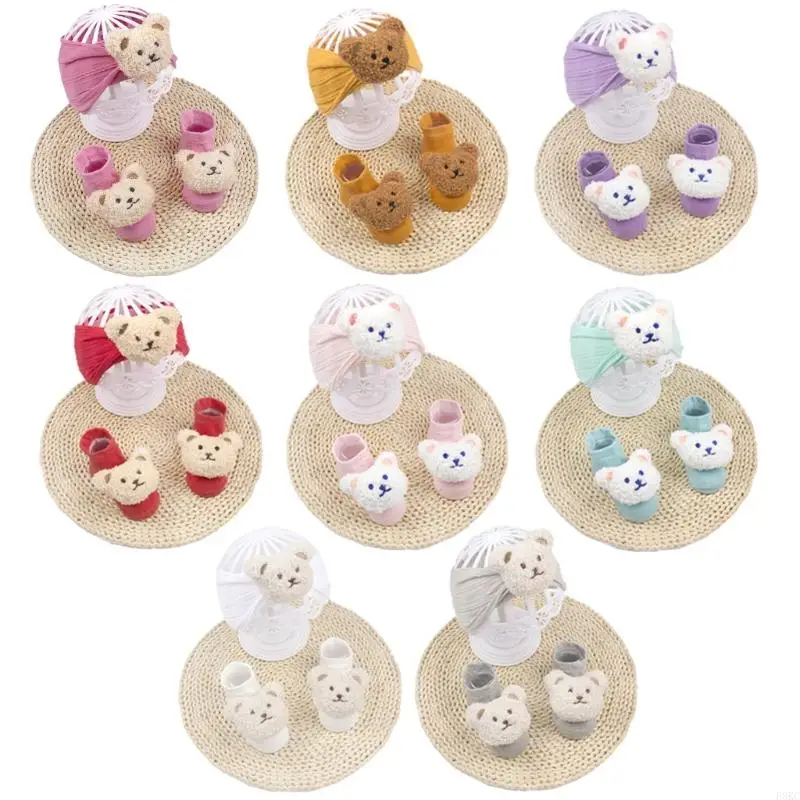 F3KC Lovely Bear Baby Headband Socks Set Lovely Newborns Headdress Elastic Hairband