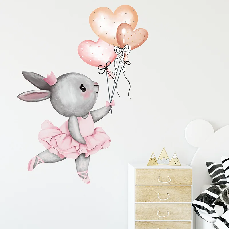 Autocollants muraux de chambre de bébé fille, Stickers muraux de dessin animé lapin rose, décoration de chambre d\'enfants, pour la crèche