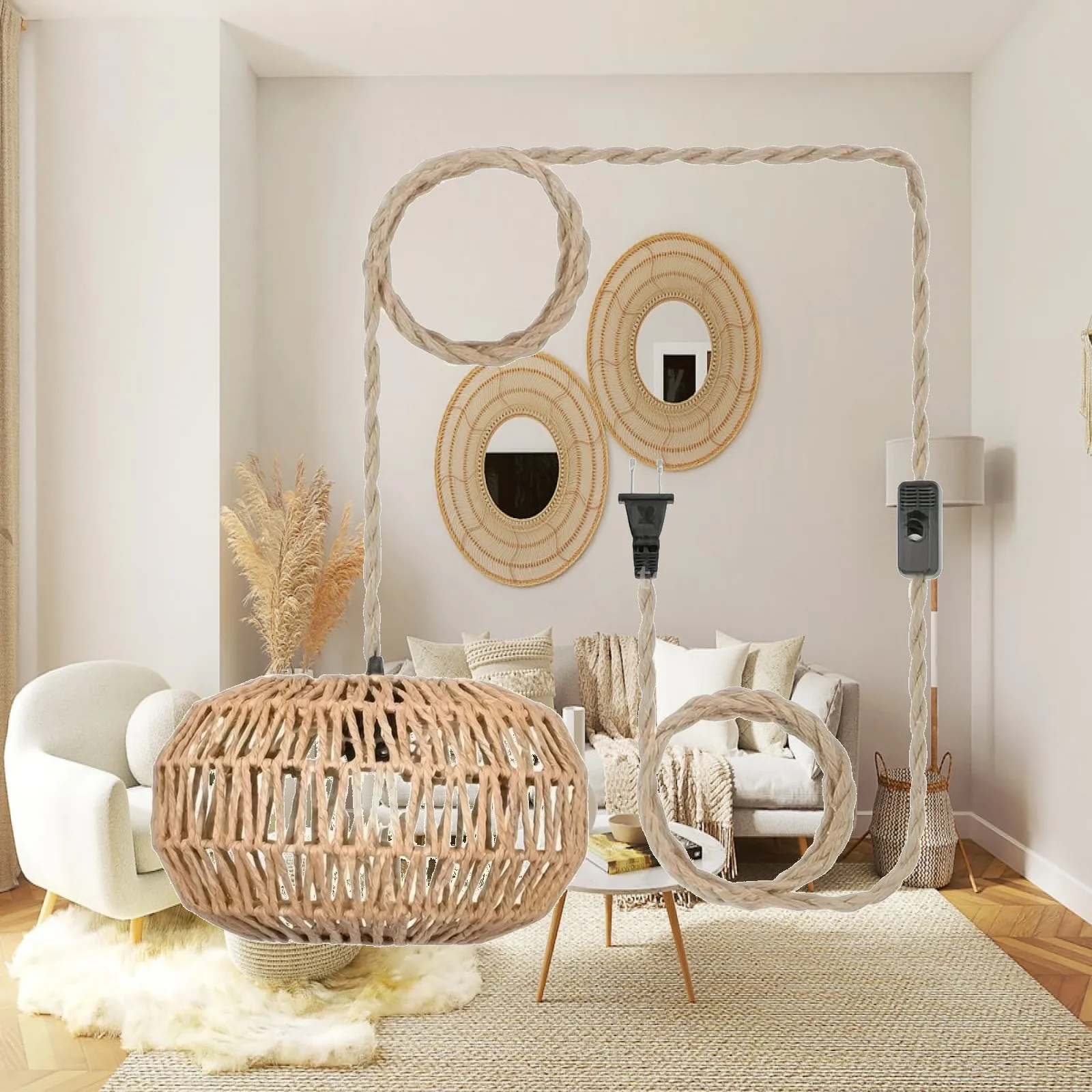 Woven Lampshade with Hanging Cord Bohemian Woven Lampshade Pendant Light Shade Natural Lighting Warm for Living Room, Cafe