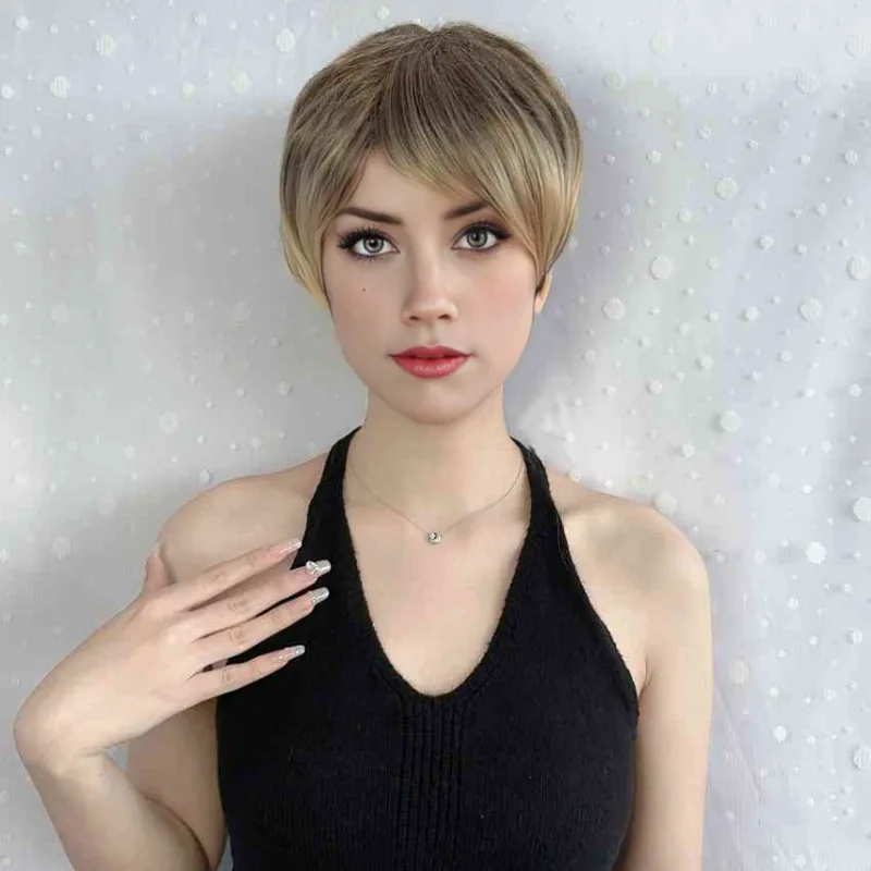 Fashionable Wig for Women with Slanted Bangs Exposed Ears Short Hair Full Top Headband Y2K Style Headgear Cool Goledn Wig
