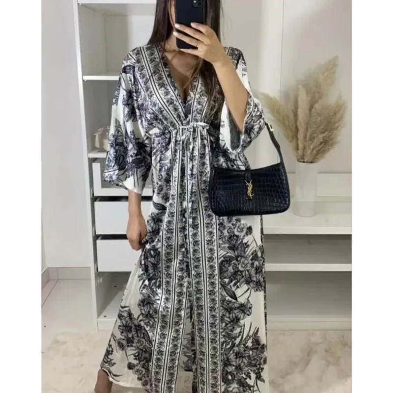 Women Boho Deep V Neck Waist Drawstring Long Dresses Spring Printed Vintage Maxi Dress Summer Short Sleeves Loose Beach Vestidos