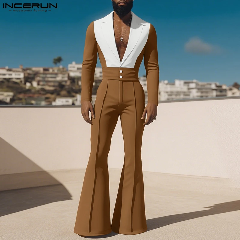 INCERUN Men Sets Patchwork Color-block Lapel Long Sleeve Blazer & Flare Pants Two Pieces Sets Streetwear 2025 Fashion Men Suits
