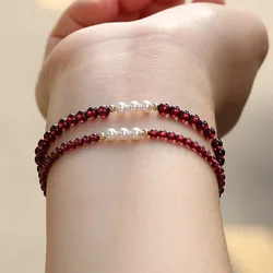 Minar Luxury Red Color Natural Stone Garnet Freshwater Pearl Strand Bracelets for Women 14K Real Gold Plated Copper Accessories