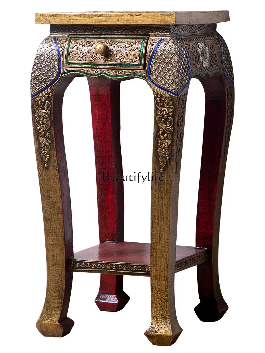 

LXЮжный Восточный Азии стиль квадратный край несколько тайских ретро массив дерева окрашенный квадрат несколько с выдвижными ящиками цветочная столешницаSSS