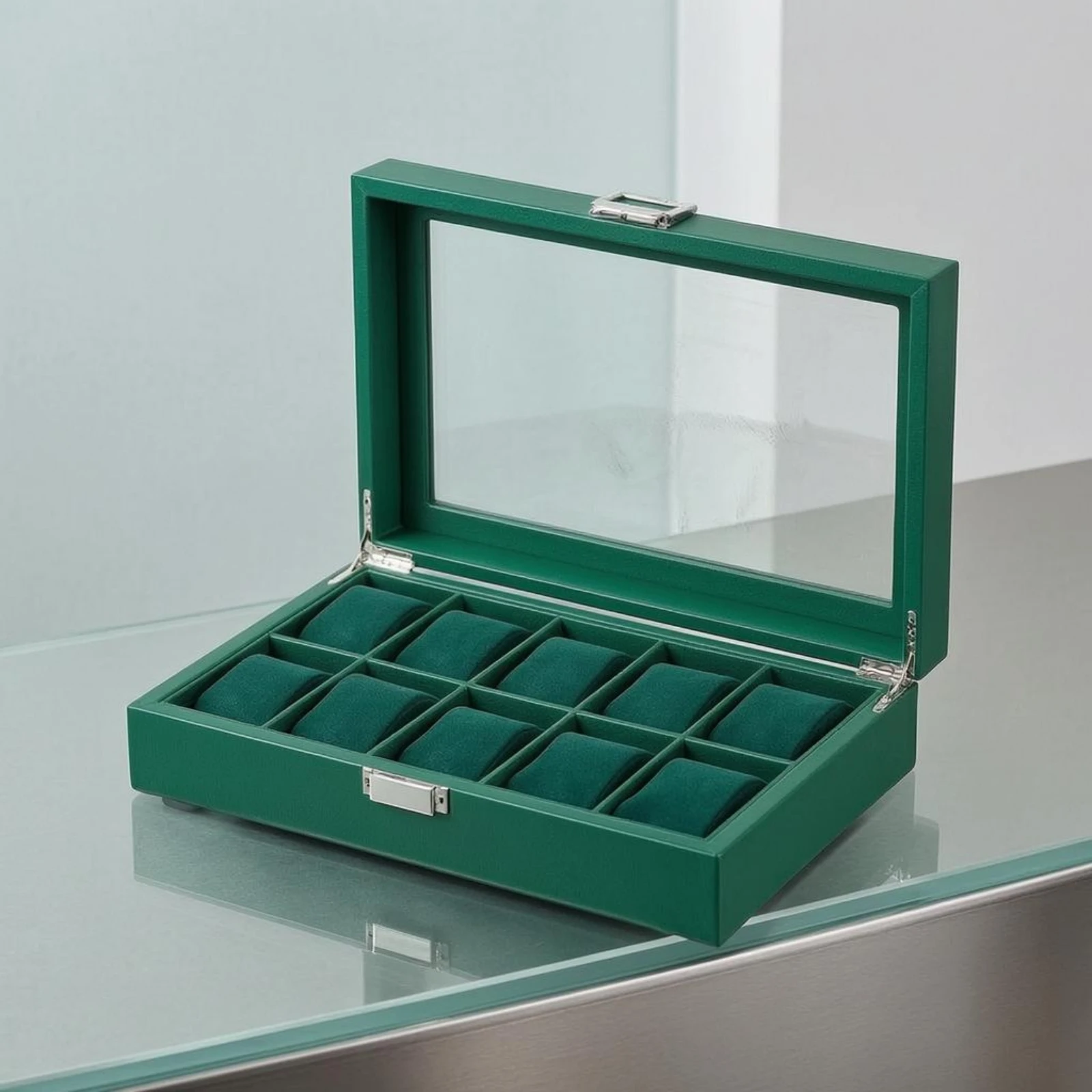 10-Slot Watch Box Green Leather 10-Slot Watch Organizer Padded Compartments Velvet-Lined