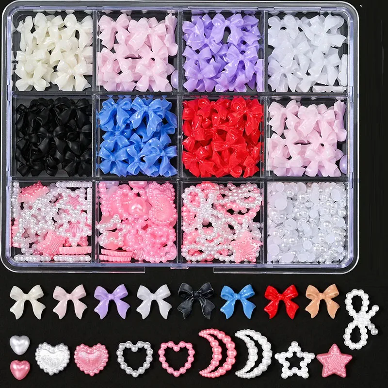 12 rejillas/caja de lazos mixtos para decoración de uñas, dijes de resina 3d, lazo Kawaii blanco y rosa, diamantes de imitación, herramientas de manicura DIY