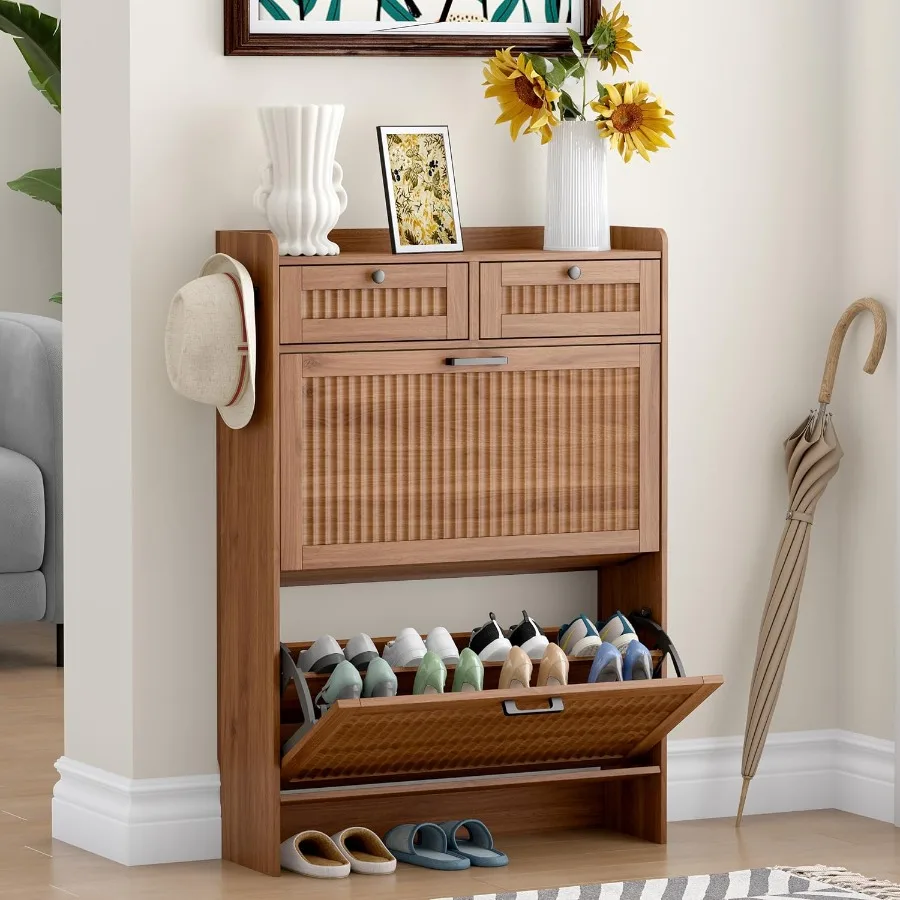 Fluted Shoe Cabinet for Entryway, 2 Flip and 2 Top Drawers