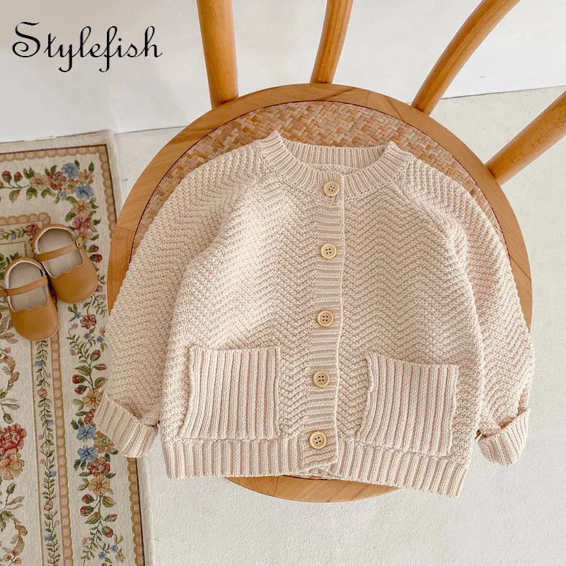 Spring and autumn newborn sweater baby round neck pure color knitting cotton long sleeve cardigan coat