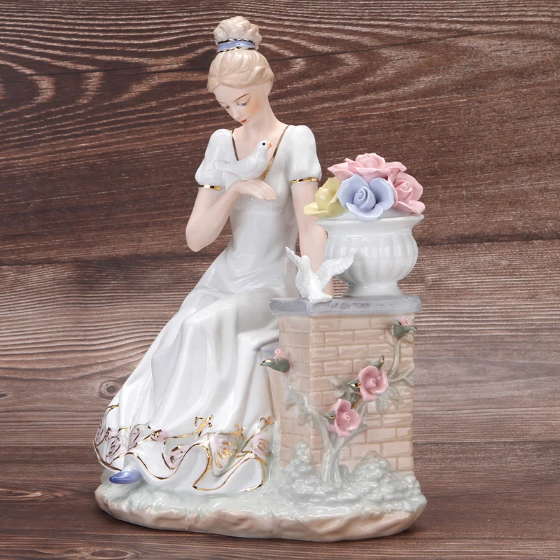 Vintage Porcelain Terrace Girl Miniature Ceramic Engagement Female Figurine Bedroom Decor Gift for Wife Ornament Pigeons Craft view 6