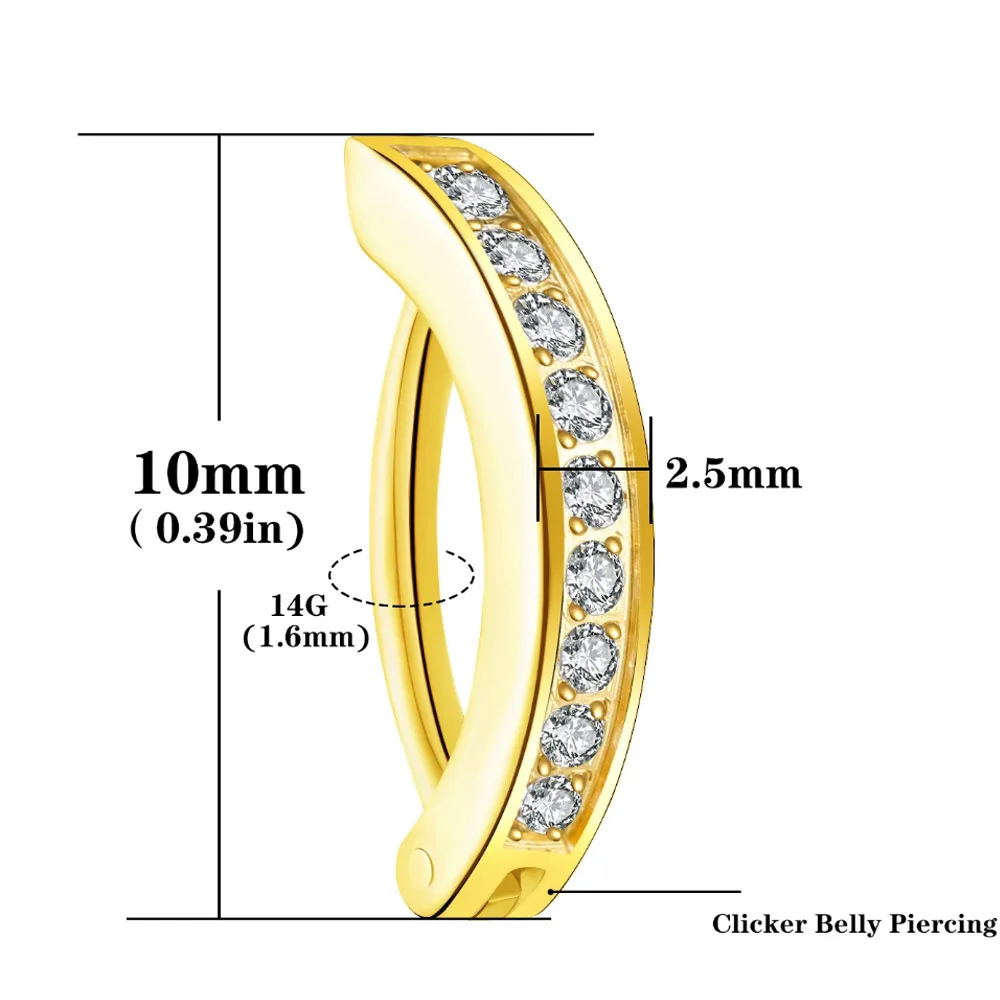 Gold Color Reversed Clicker Belly Button Ring 14G Surgical Steel Heart Butterfly Flower Eyes-Shaped Zircon Curved Navel Piercing
