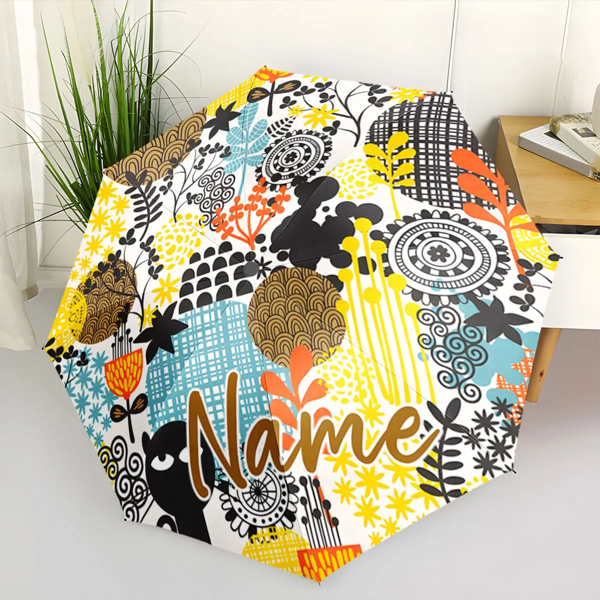 Custom Name Umbrella Colorful Floral Pattern Umbrella Design Print 8 Iron Ribs Folding Umbrella Auto-Open Fashion Sunshade