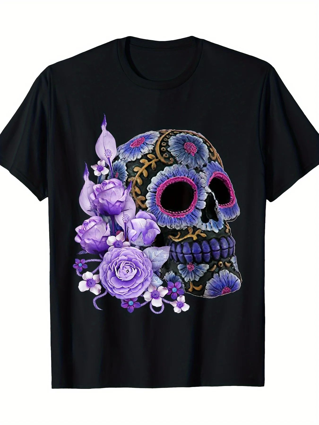 

Purple Flowers Skull Day Death Graphic Printing Summer Autumn Winter Pure Cotton Men and Women T-shirt Short Sleeve Luxury