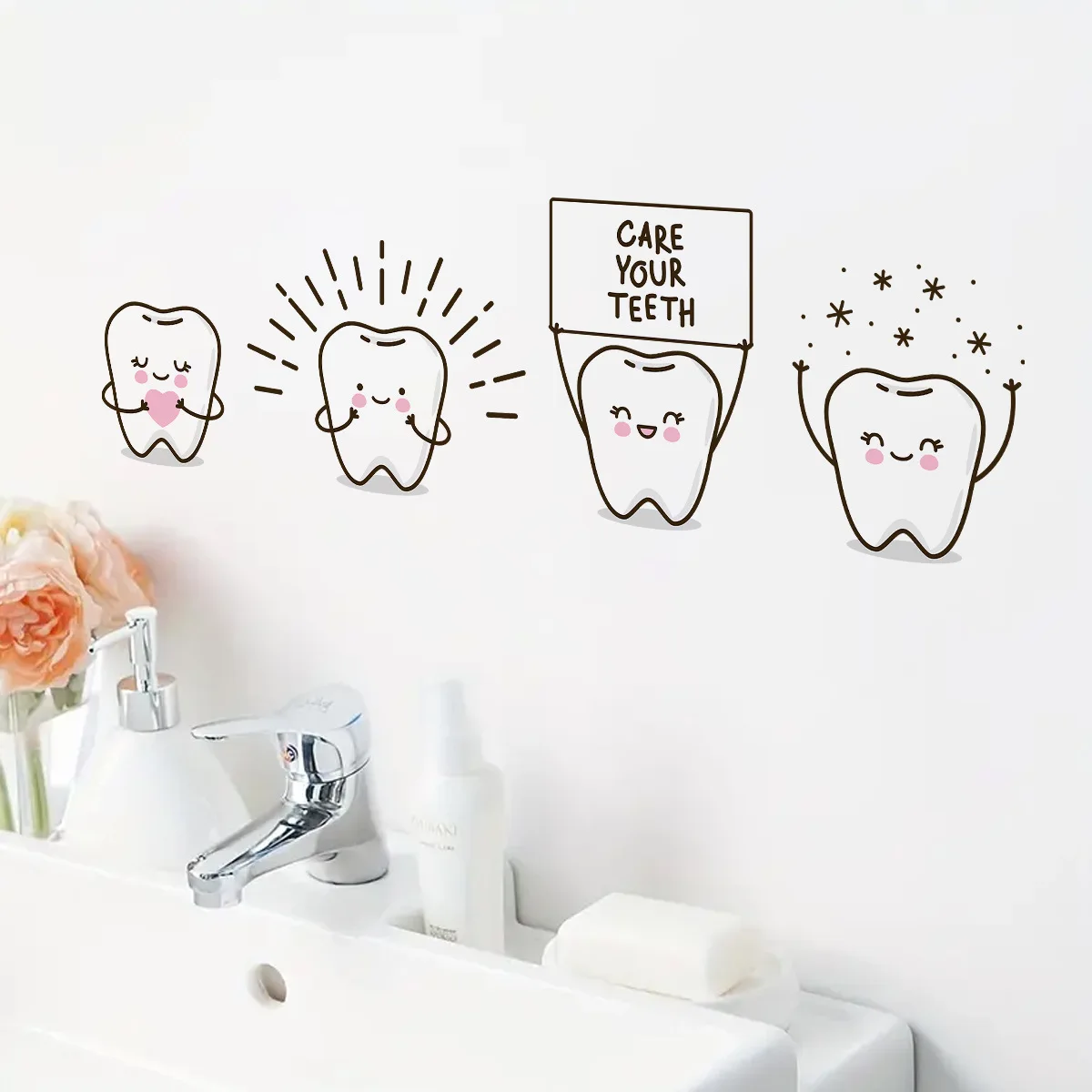 Caring For Dental Health Bathroom Modern Art Wall Sticker PVC Waterproof Self-adhesive Easy To Tear And Install Home Decor