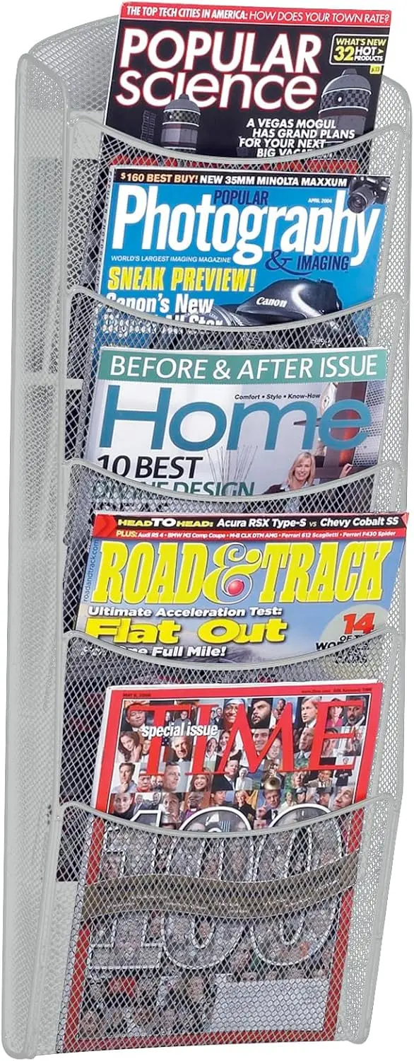 

Products Silver 5 Pocket Magazine Rack- Steel Construction, Clutter-Free Wall Mount Display, 5 lbs Weight Capacity- 2