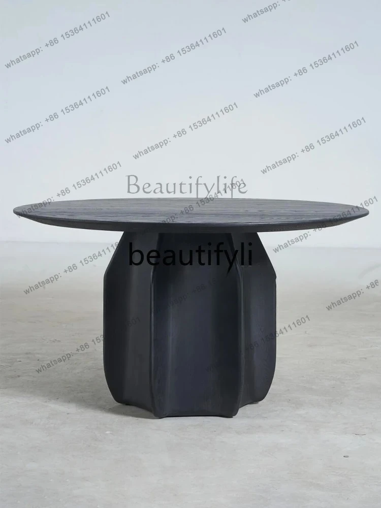 Medieval light luxury round solid wood dining table, retro black high-end, villa model, round table eating table