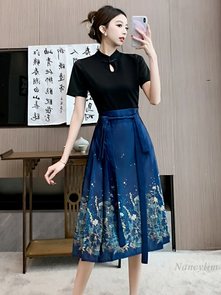 New Chinese Style Horse-Face Skirt Suit Women's 2024 Summer Two Piece Suits New Small Daily Improved Hanfu Black Tshirt Skirts