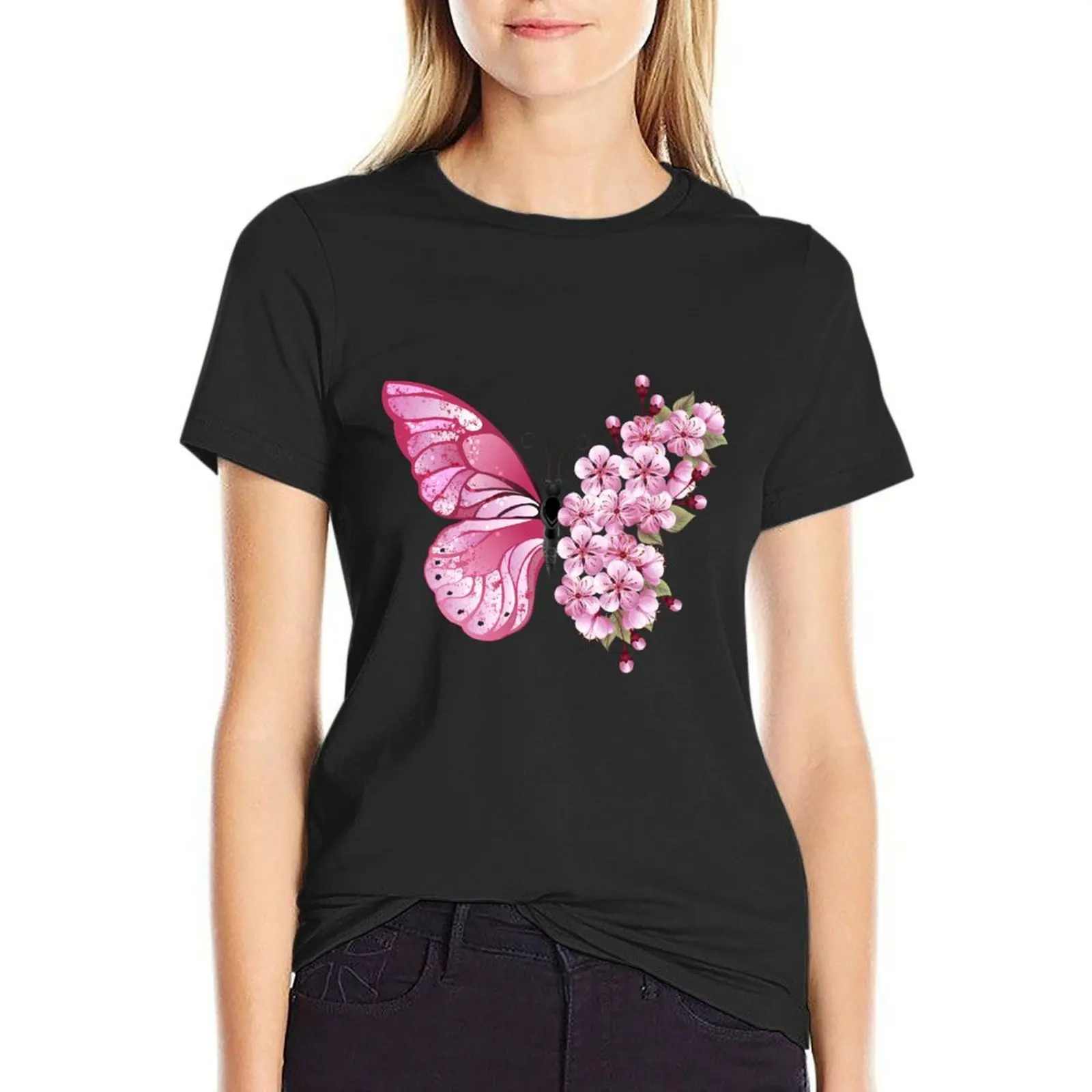 Falling Sakura Cherry Blossom Butterfly T-Shirt tees graphics Short sleeve tee cute tops t-shirts for Women graphic tees