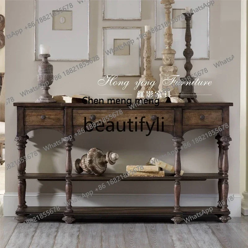 

D178 American rural solid wood entrance cabinet, entrance table retro carved living room screen partition storage table