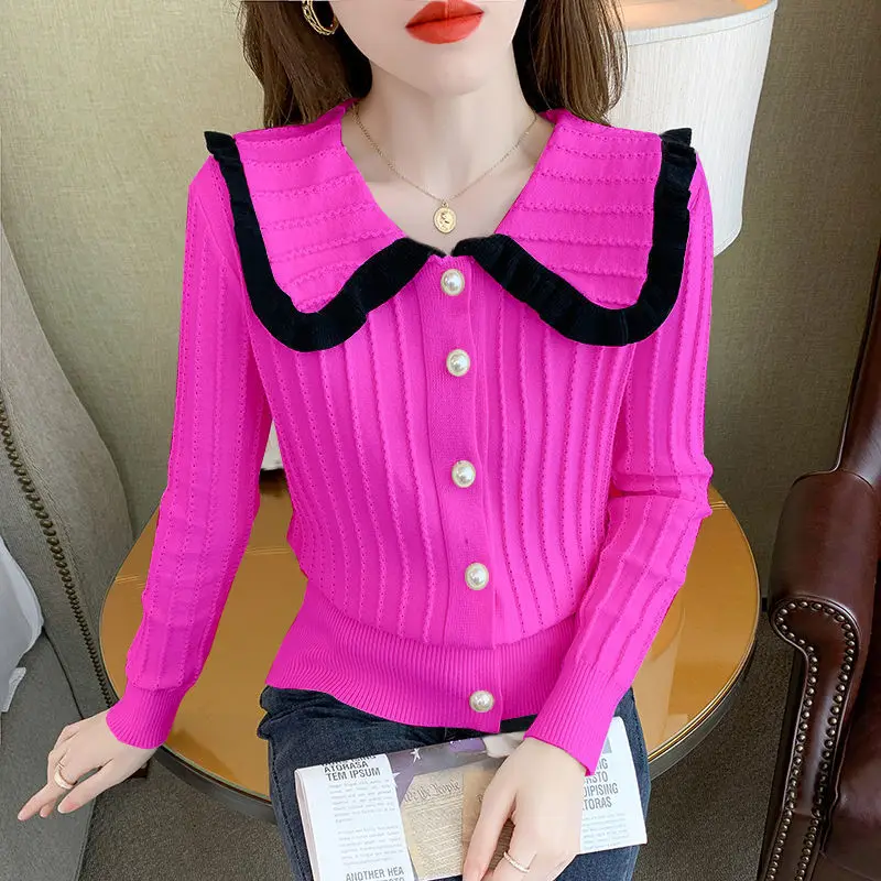 Sweet Peter Pan Collar Spliced Button Folds Sweaters Women\'s Clothing 2024 Autumn Winter Solid Color Casual Cardigan Tops