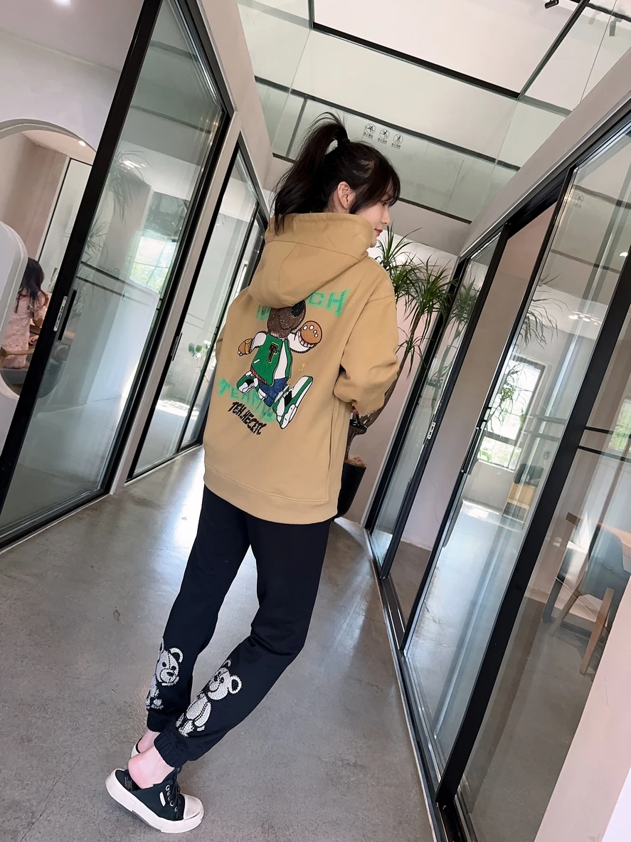 Trendy Luxury Cartoon Hot Drilling Autumn Winter Hoodies Top Harajuku Loose Hooded Coat Streetwear Diamonds Khaki Sweatshirts