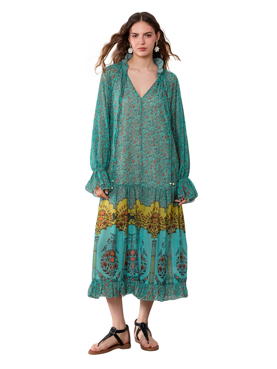 Women s Maxi Dress with Vintage Floral Print and Front Tie-Up Detail Long Sleeve Boho Dress for Spring and Summer Beach Holiday