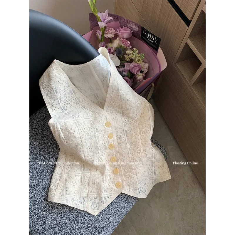 French Apricot Heavy Lace Embroidery Vest for Women Summer High-end Elegant Old Money Style Sleeveless Vest