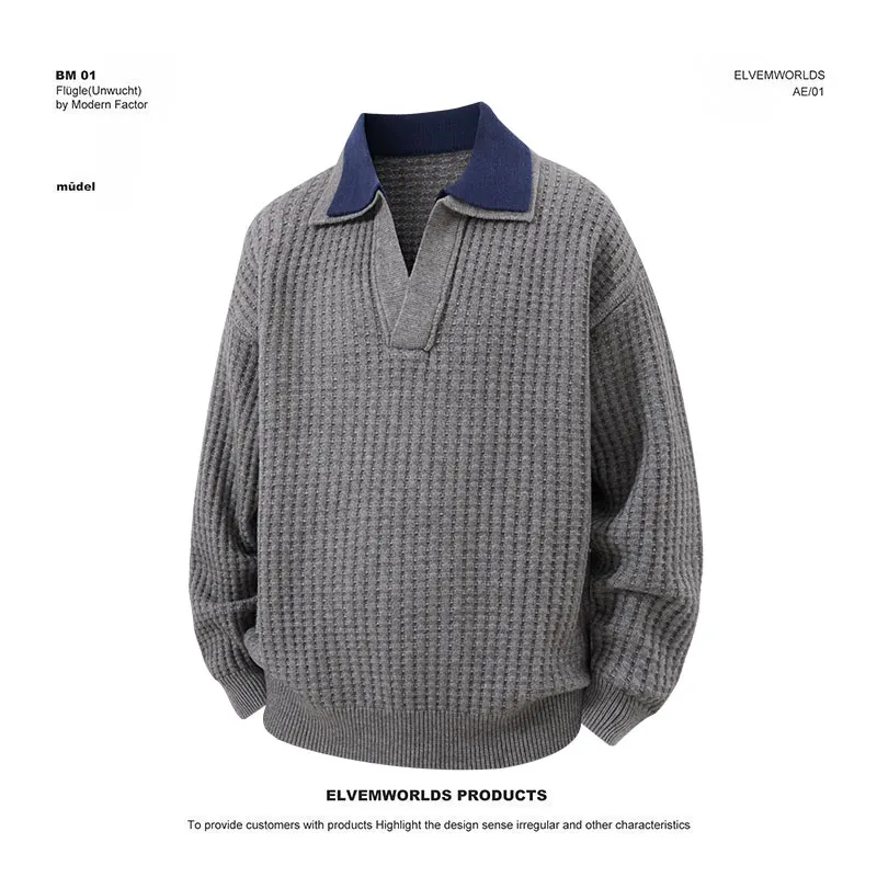 

Men's Vintage Knit Sweater, Turn-Down Collar Autumn Winter Double-layer Polo Collar Knitted Pullover