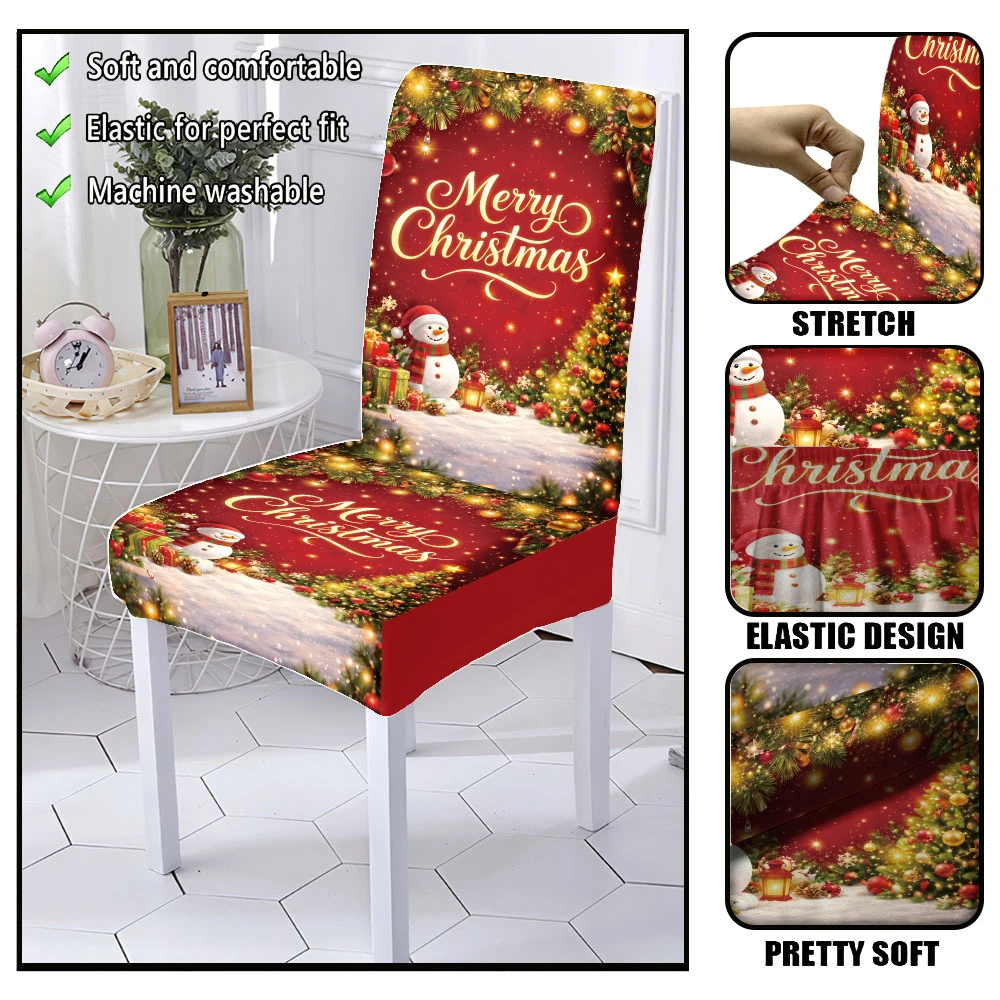Christmas red snow scene snowman Christmas tree pattern printed elastic chair cover, suitable for Christmas party decoration