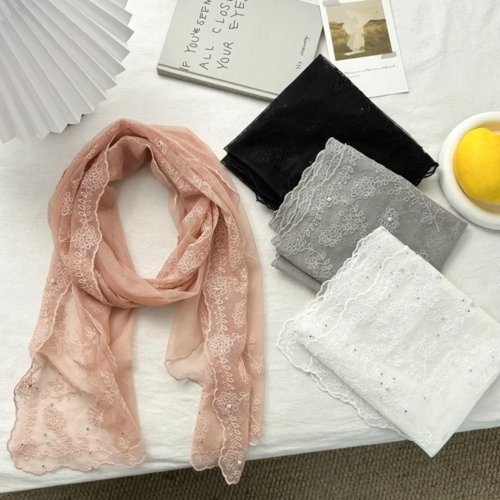 Retro Lace Long Scarf Pearl Diamond-encrusted Embroidered Flower Lace Silk Scarf Long Thin Headscarf Sunscreen Shawl