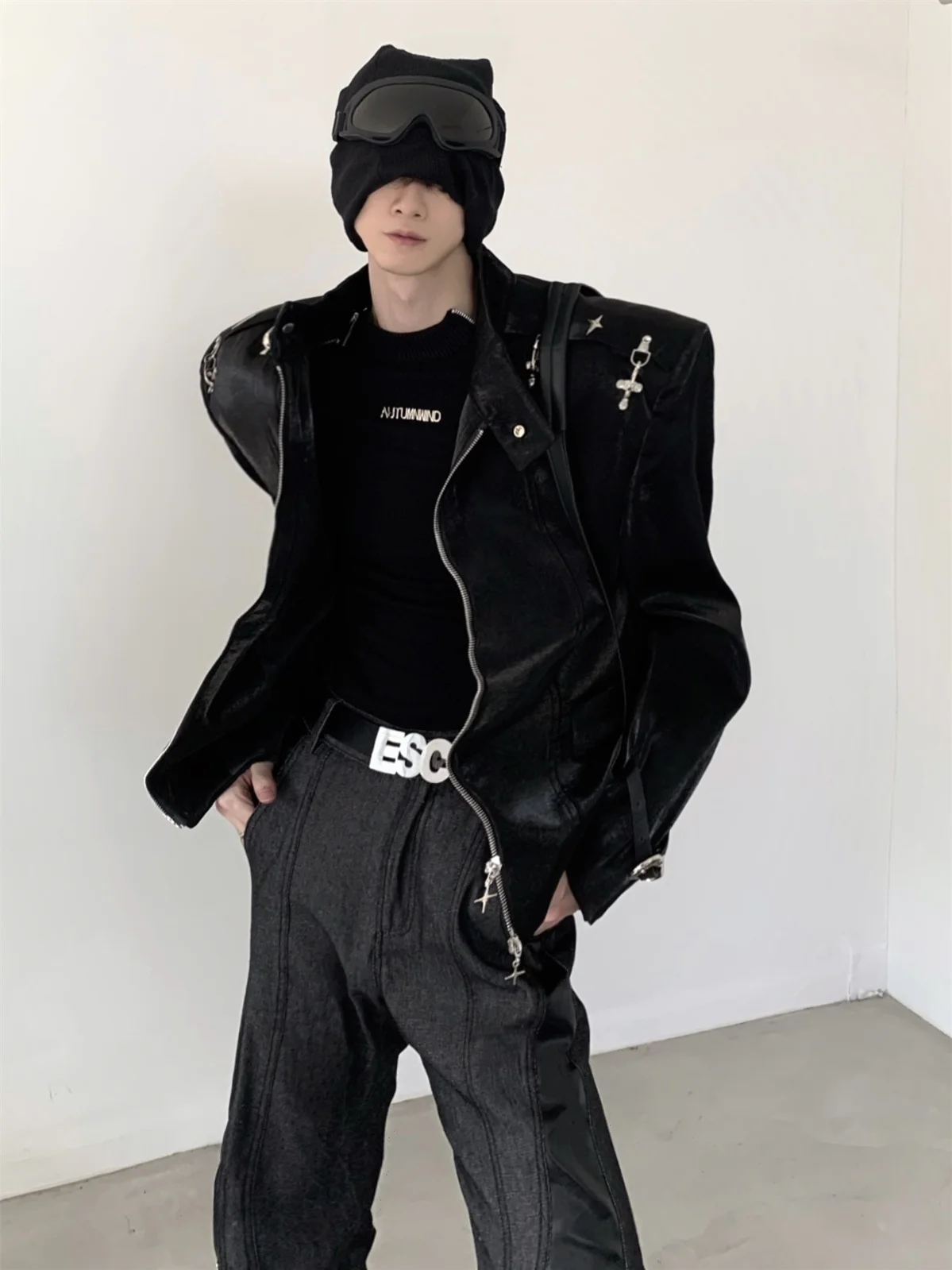 Autumn Mountain Wind Liquid Metal Shoulder Pad Men's Jacket Youth Trendy Long Sleeve Zipper Closure  Color Western Suit ...