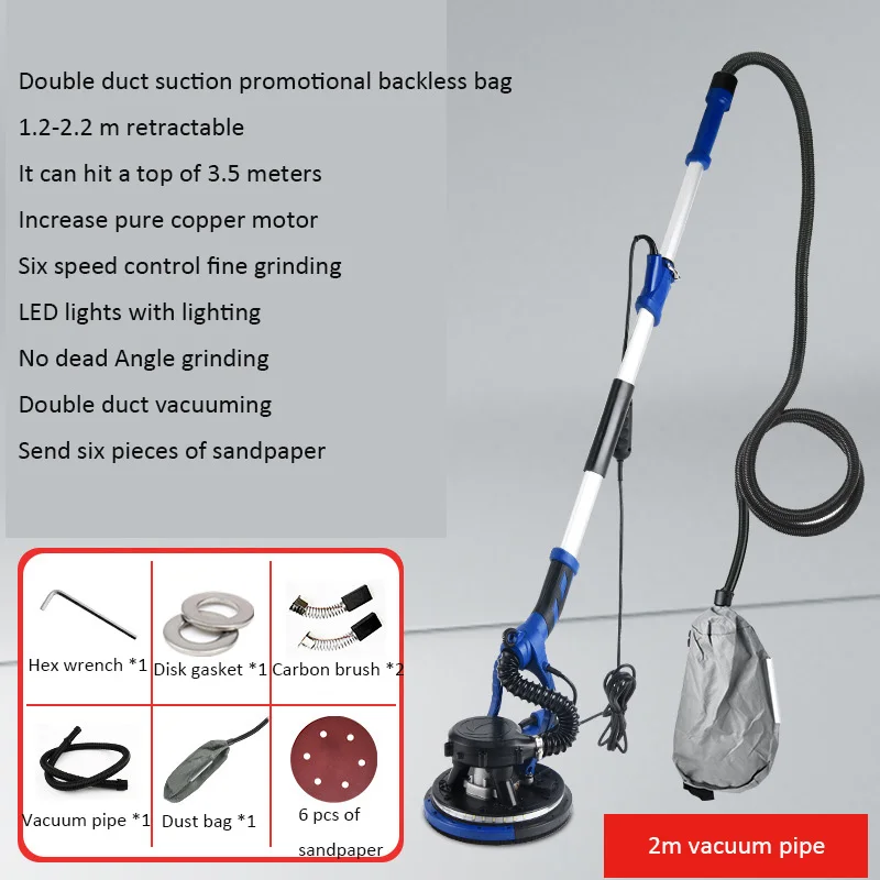 Wall Sanding Machine Long Pole Adjustable Putty Polisher LED Light Adjustable Speed Hand-held Electric Sander Wall Putty