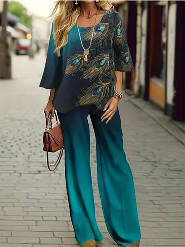 

Women's Half Sleeved Shirt and Wide Leg Pants Set Printed Trendy Top Casual Comfortable Clothes Monochromatic Office Lady Summer