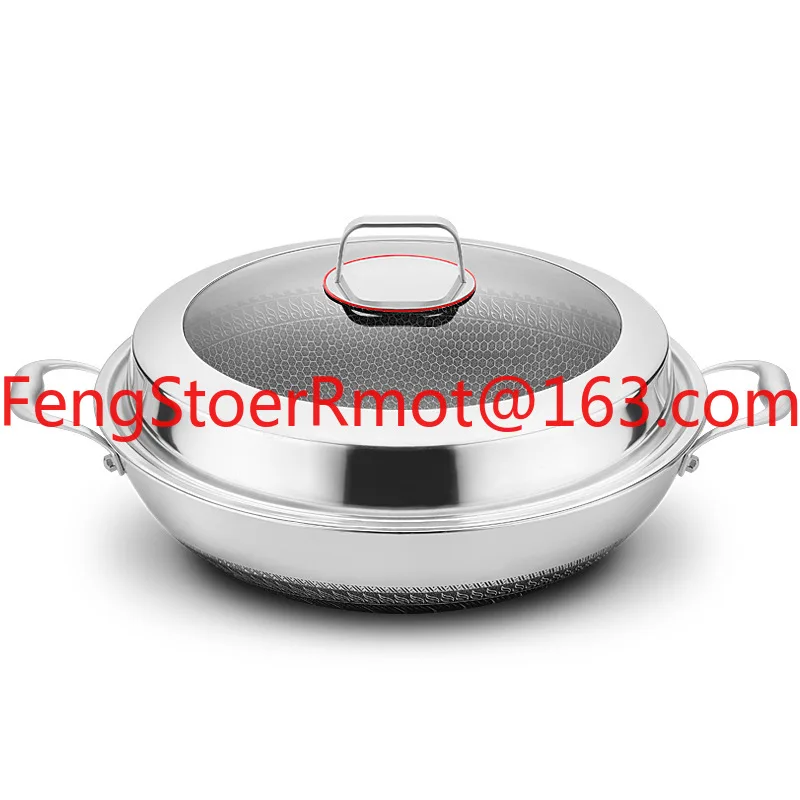 316 Double-Ear Stainless Steel Wok 40 42 Large Non-Stick Flat Bottom Household Cooking Pan Low Oil Smoke Double-Sided Screen