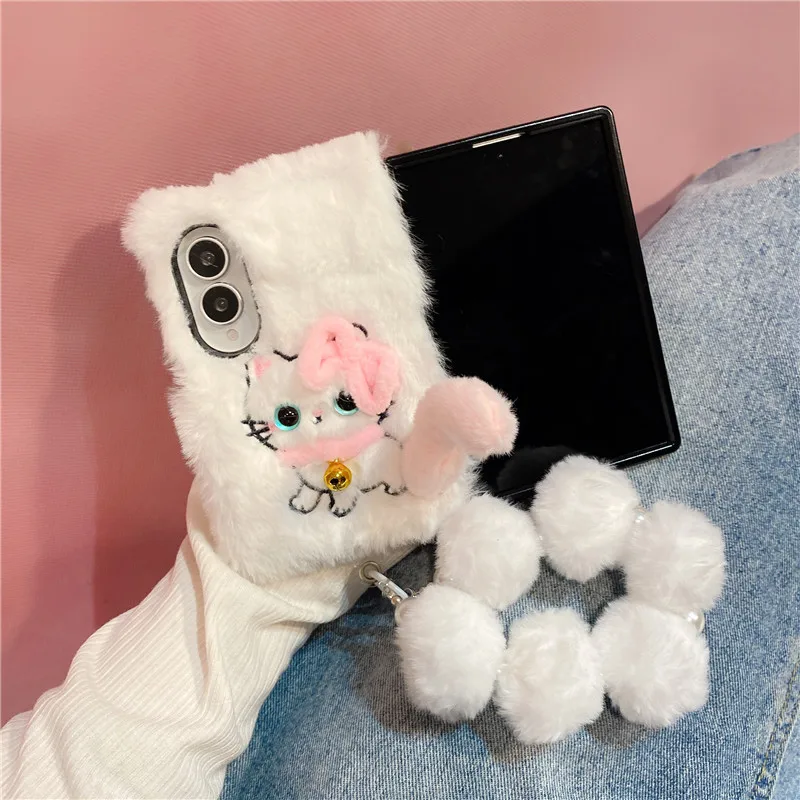 3D Cute Bell Kitten Tpu Soft Fluffy Hairy Phone Cases Hairball Bracelet Chain For Samsung Galaxy Z Fold 8 Ultra 7 6 5 4 3 Cover