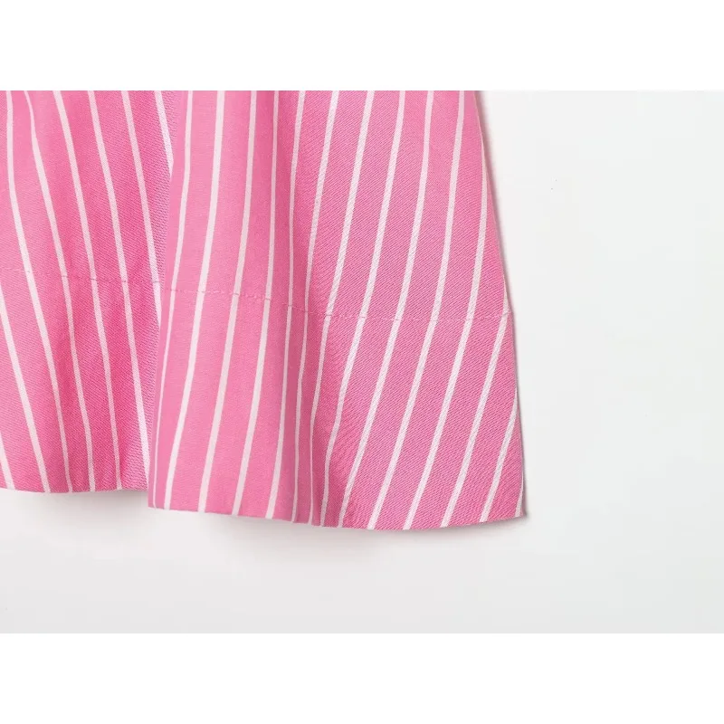 SMVP New Summer Women Sweet Style Pink Striped Lapel Puff Short Sleeve Shirt Ruched Hem Slim Fit Blouse Casual Commuter Tops